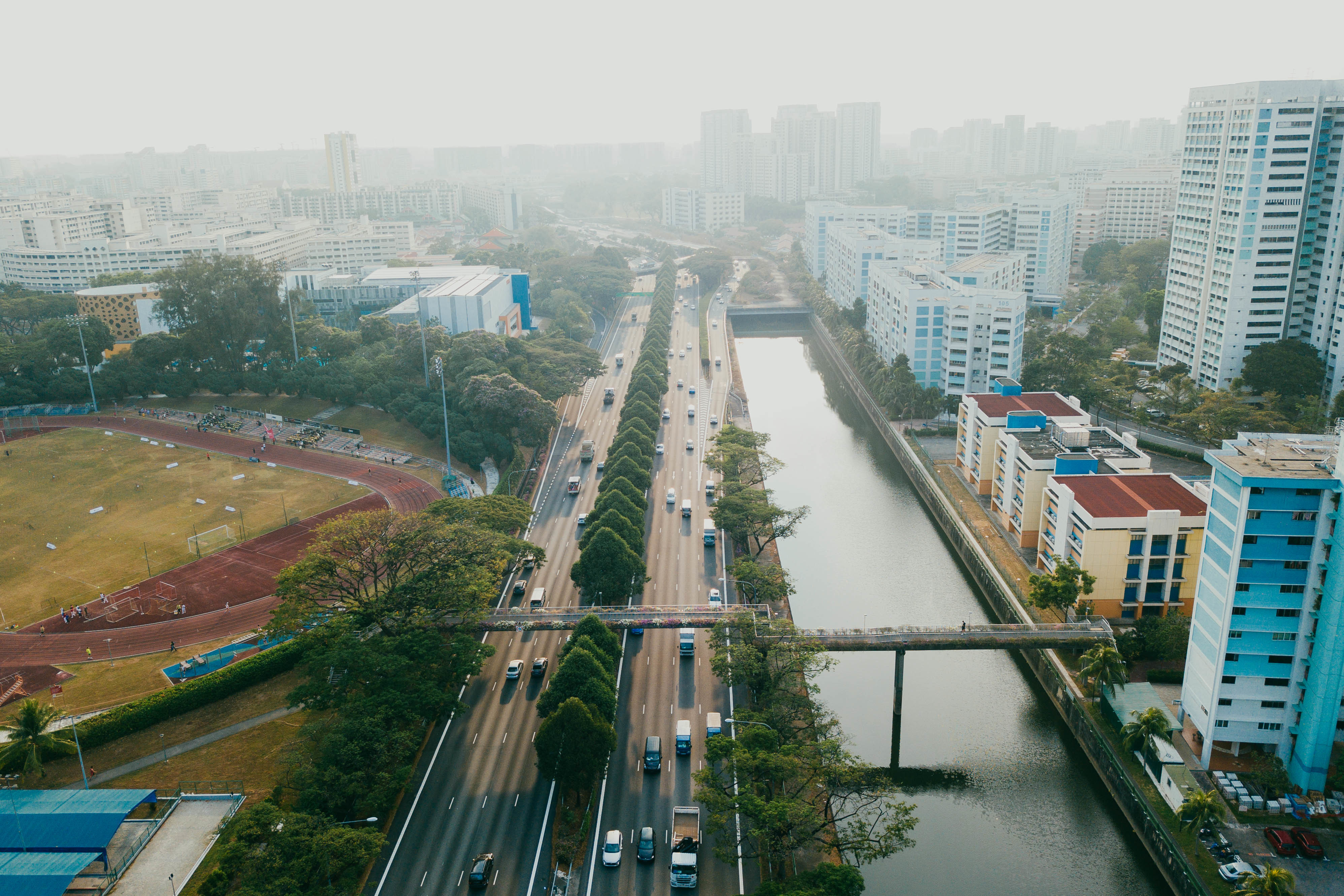 wide drone shot of a city